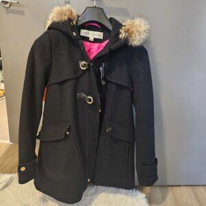 Trina Turk Wool Blend Toggle Coat with Faux Fur Hood – Size 2